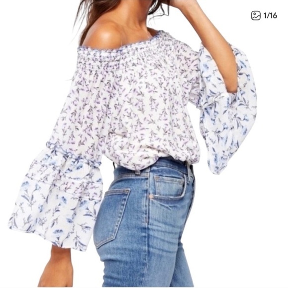 Free People S Rose Valley Off Shoulder‎ Top Purple Ditzy Floral Oversized Sleeve